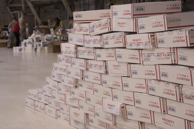 Care packages for deployed military members sit at Fairchild Air Force Base. (U.S. Air Force photo/Nick J. Daniello)