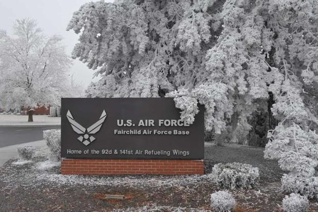 Sign at the front gate of Fairchild Air Force Base.