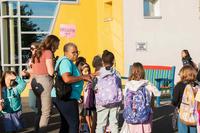 Teachers and students on the first day of school at Netzaberg Elementary School.