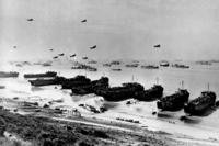 A section of Omaha Beach in June 1944 during Operation Overlord, the code name for the Allied invasion at the Normandy coast in France during World War II.